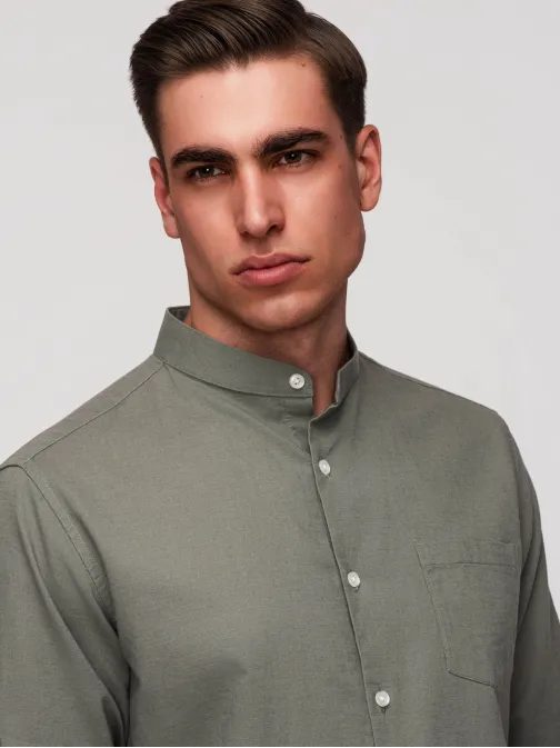 Khaki lněná košile regular fit V6 K704