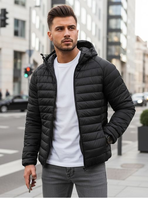 Přechodná prošívaná černá bunda s kapucí