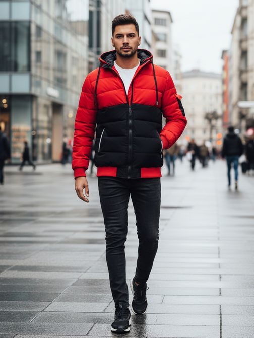 Pánská zimní bunda s kapucí v červené a černé barvě