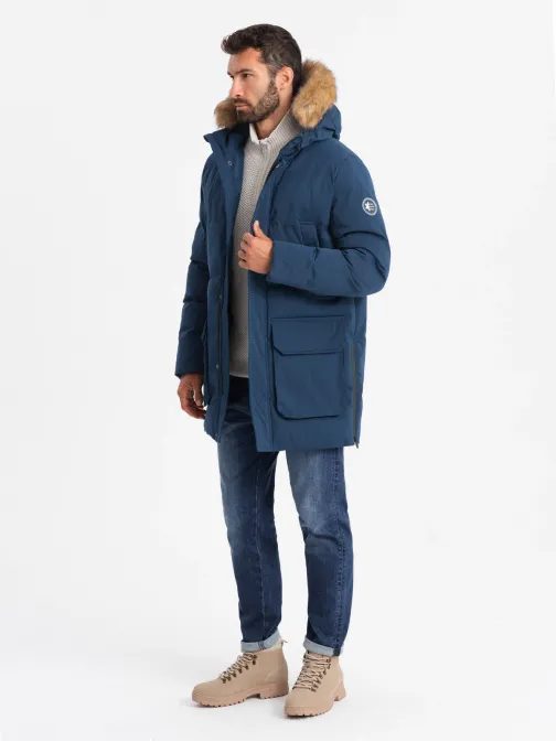 Moderní tmavě modrá pánská parka na zimu V5 JALJ-0184