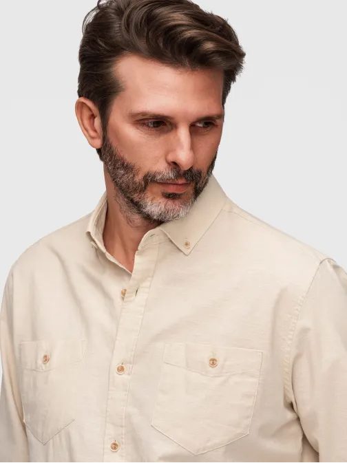Krémová lněná košile s náprsní kapsou V7 SHCS-0134