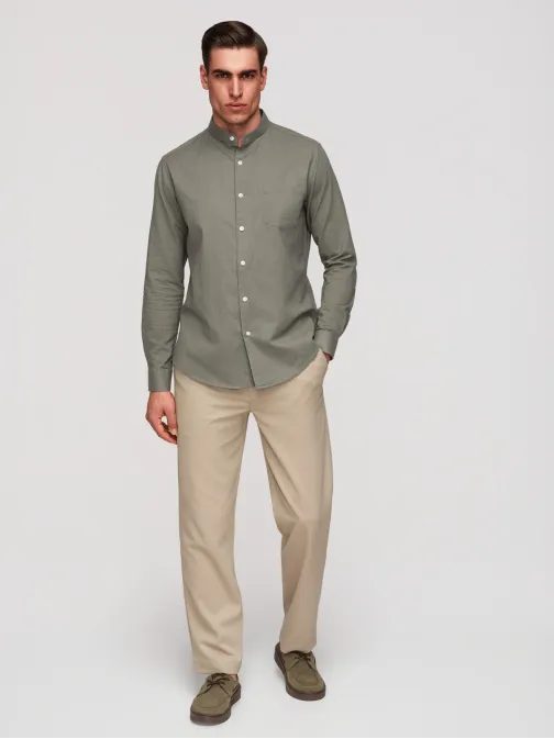 Khaki lněná košile regular fit V6 K704