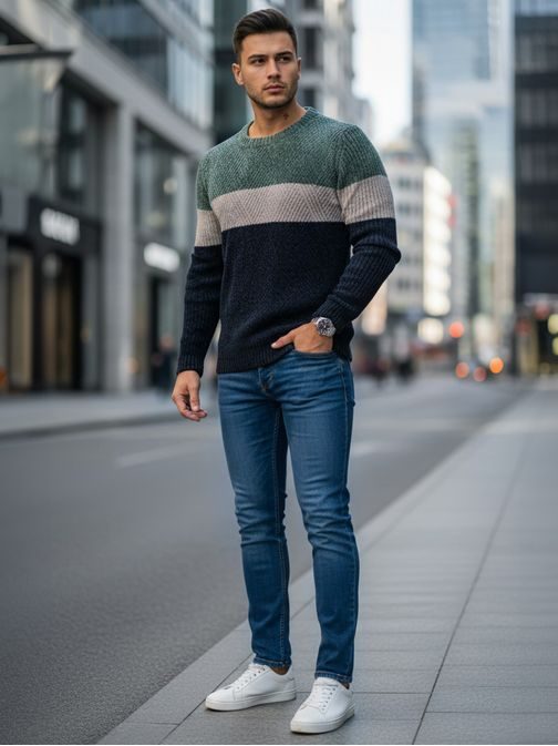 Pánský pruhovaný tříbarevný svetr