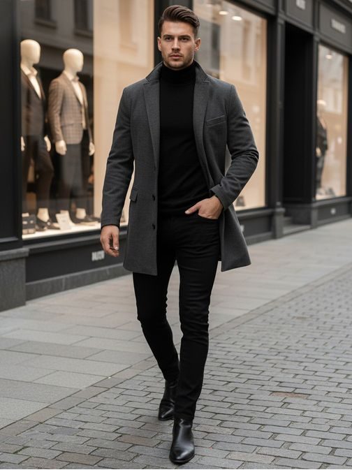 Stylový šedý jednořadý kabát