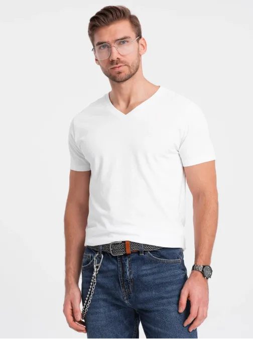 Trendy pánské bílé tričko s výstřihem do V V1 TSCT-0106