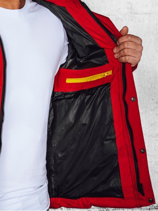 Trendy červená pánská prošívaná bunda s kapucí