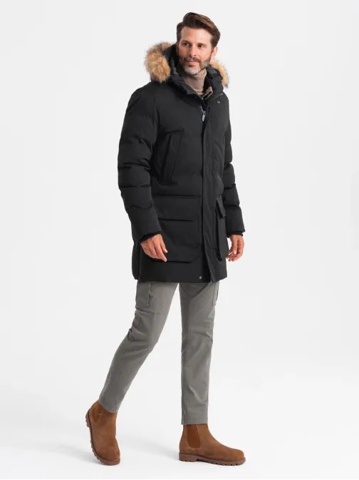 Moderní černá pánská parka na zimu V3 JALJ-0184