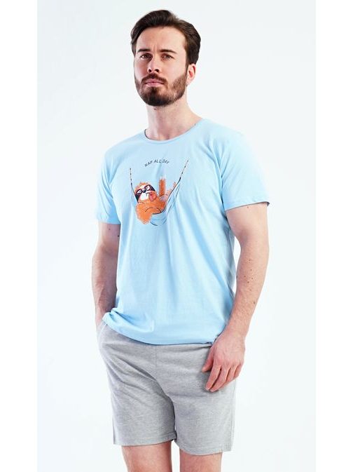 Světle modré pánské krátké pyžamo Lenochod