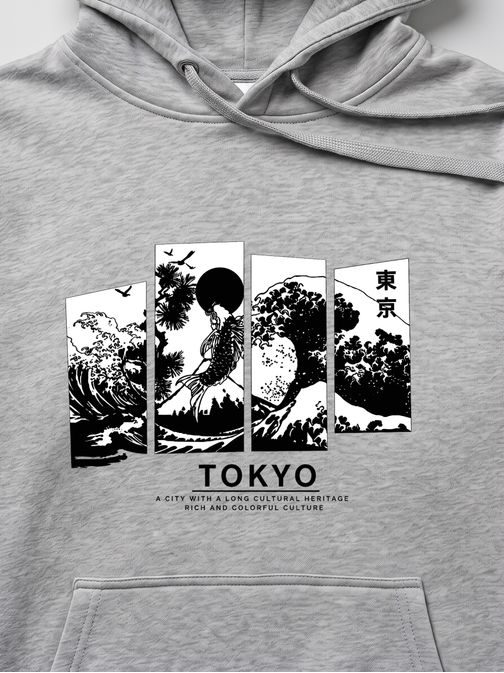 Šedá mikina s kapucí s potiskem „Tokyo“