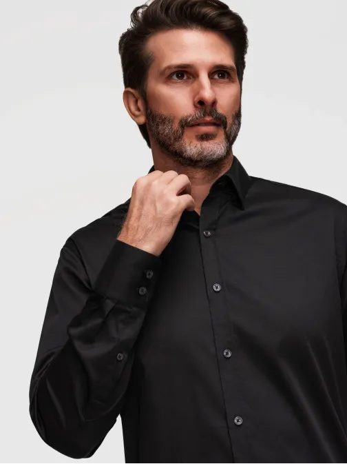 Pánská hladká černá košile FIT SLIM V4 SHOS-0211