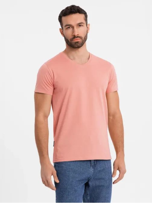 Základní bavlněné růžové tričko s výstřihem do V V7 TSBS-0237