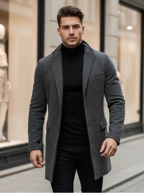 Stylový šedý jednořadý kabát