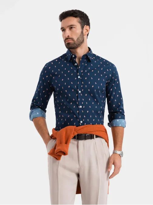 Zajímavá granátová košile s trendy vzorem V3 SHCS-0151