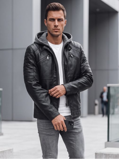 Stylová černá bunda z umělé kůže s kapucí