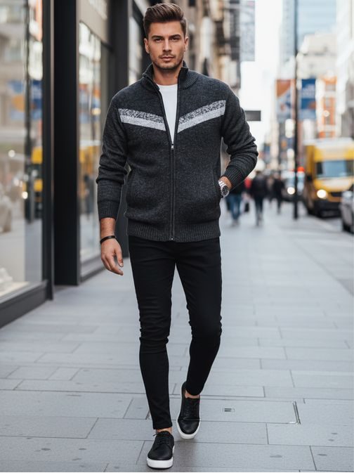 Moderní vzorovaný tmavě šedý pánský svetr