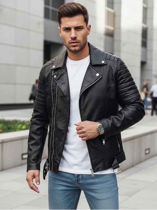 Módní černá koženková pánská bunda