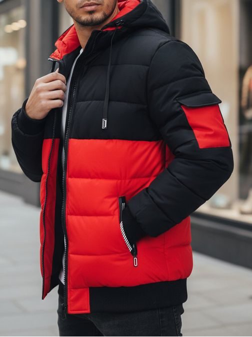 Pánská zimní bunda s kapucí v černé a červené barvě