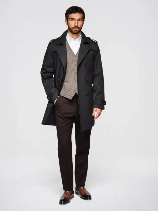 Stylový černý plášť s páskem V2 COLC-0146