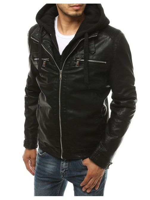 Trendová koženková bunda s kapucí v černé barvě