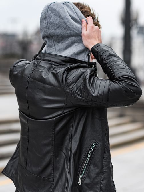 Nádherná pánská koženková bunda s kapucí černá JACK DAVIS JK321