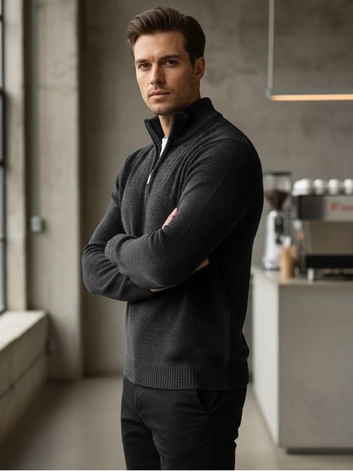Trendy tmavě šedý pánský svetr na zip