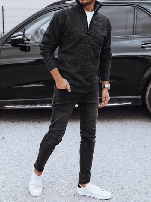 Elegantní pánský svetr v černé barvě na zip
