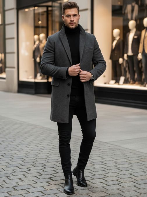 Stylový šedý jednořadý kabát