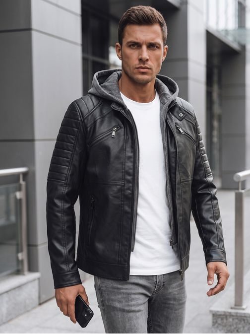 Stylová černá bunda z umělé kůže s kapucí