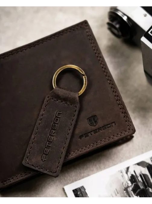 Módní tmavě hnědá kožená sada - peněženka a klíčenka
