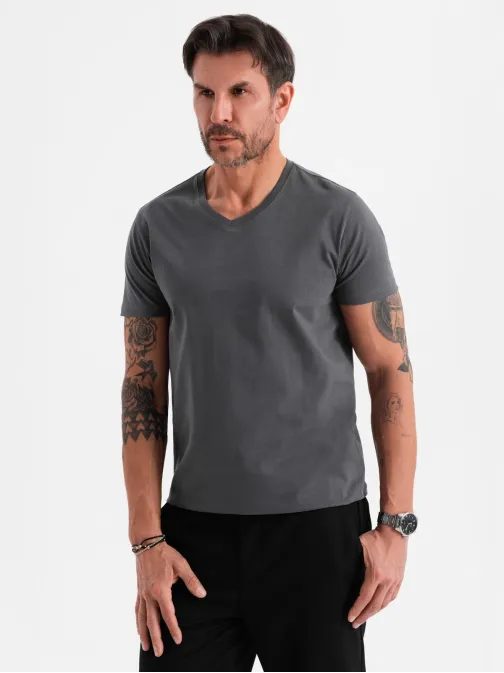 Základní bavlněné grafitové tričko s výstřihem do V V3 TSBS-0237