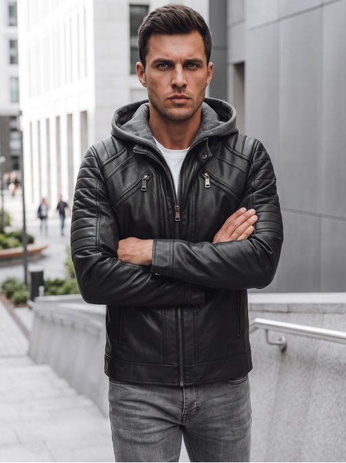 Stylová černá bunda z umělé kůže s kapucí