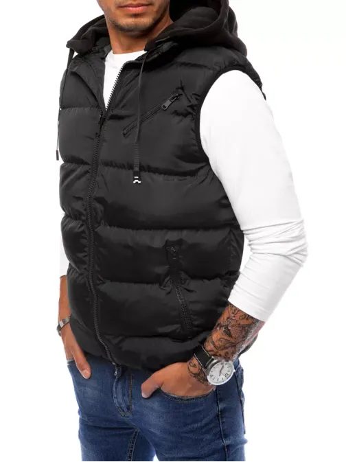 Černá prošívaná trendy vesta s kapucí