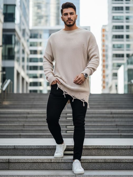 Stylový prodloužený svetr v béžové barvě