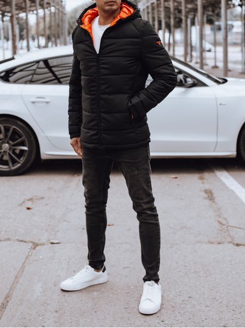 Pánská zimní černá bunda laděná do oranžova