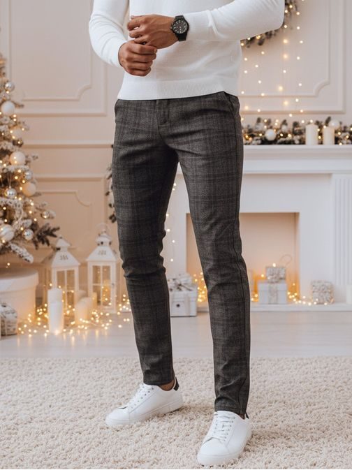 Stylové grafitové kalhoty s károvaným vzorem