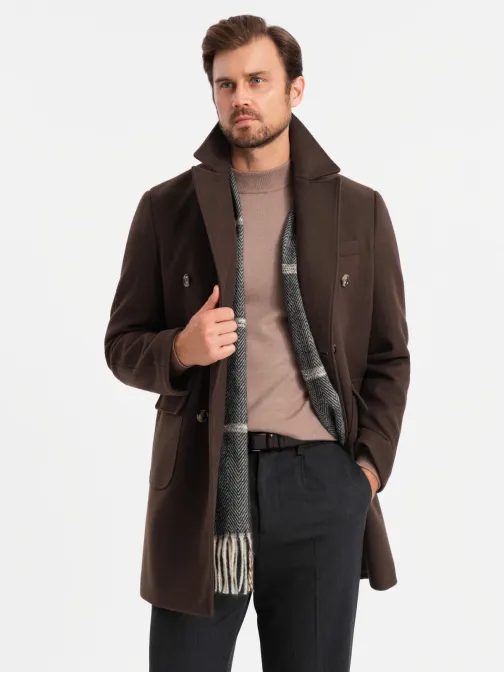 Pánský tmavě hnědý dvouřadý kabát V3 COWC-0109