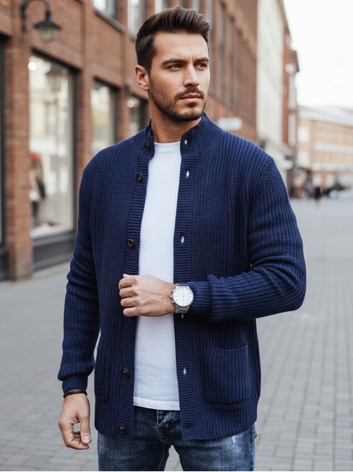 Stylový modrý svetr pro muže se zapínáním na knoflíky