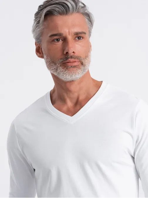 Bílé tričko s dlouhým rukávem a výstřihem do V V3 LSBL-0108