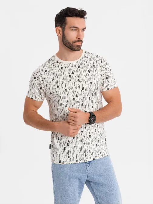 Krémové bavlněné tričko s potiskem písmen V1 TSFP-0225