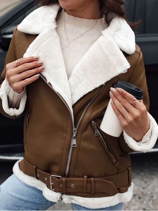 Dámská koženková kamelová bunda s kožíškem Norfdima