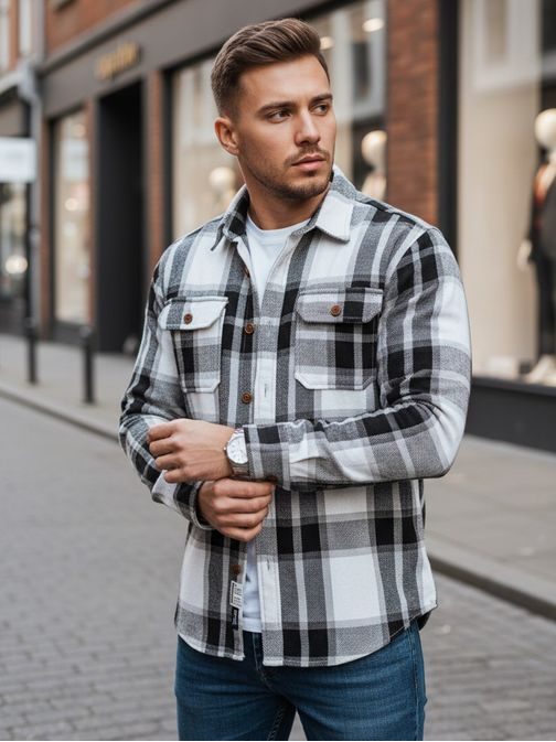 Kostkovaná černobílá flanelová košile s náprsními kapsami