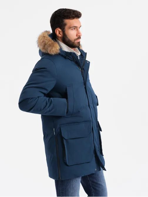 Moderní tmavě modrá pánská parka na zimu V5 JALJ-0184