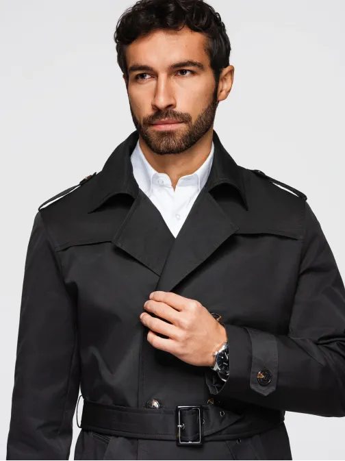 Stylový černý plášť s páskem V2 COLC-0146