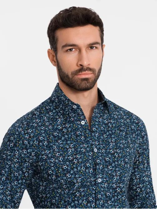 Zajímavá tmavě modrá košile s trendy vzorem V1 SHCS-0151