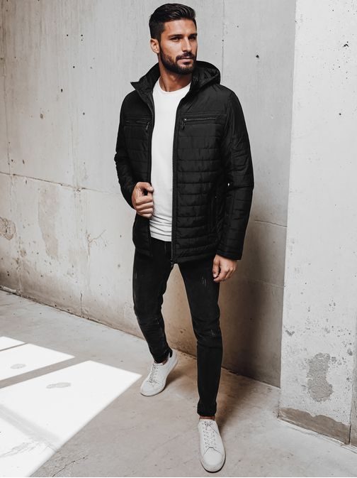 Přechodná módní černá bunda s kapucí