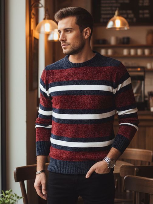 Módní pruhovaný červený svetr na zimu