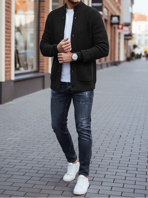 Stylový černý svetr pro muže se zapínáním na knoflíky
