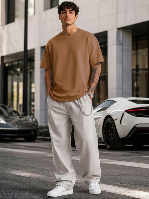 Hnědé tričko oversize bez potisku
