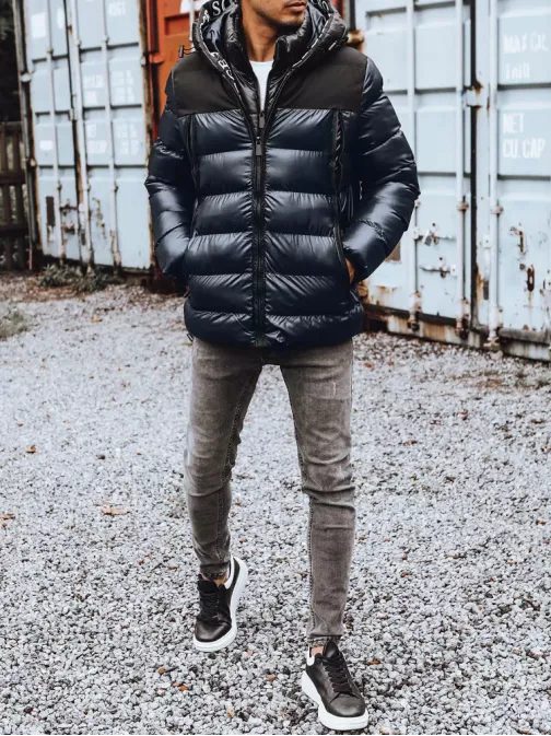Trendy lesklá prošívaná tmavě modrá pánská bunda