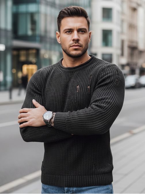 Tmavě šedý pletený  svetr s módními dírami